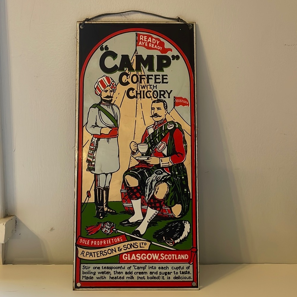 Vintage Camp Coffee with Chicory advertising porcelain enamel sign